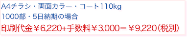 A4チラシ・両面カラー・コート110kg
1000部・5日納期の場合
印刷代金￥6,220+手数料￥3,000＝￥9,220（税別）